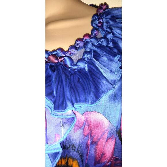 Blue Hawaiian Tank Top Sz 10 ECI New York Vintage Silky Look Floral Tropical 10 - Picture 6 of 12